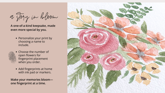 Watercolor Floral Image. Featuring a personalized name and open flowers ready for fingerprints, this artwork captures love, connection, and special memories. Easy to customize at home with ink or markers.