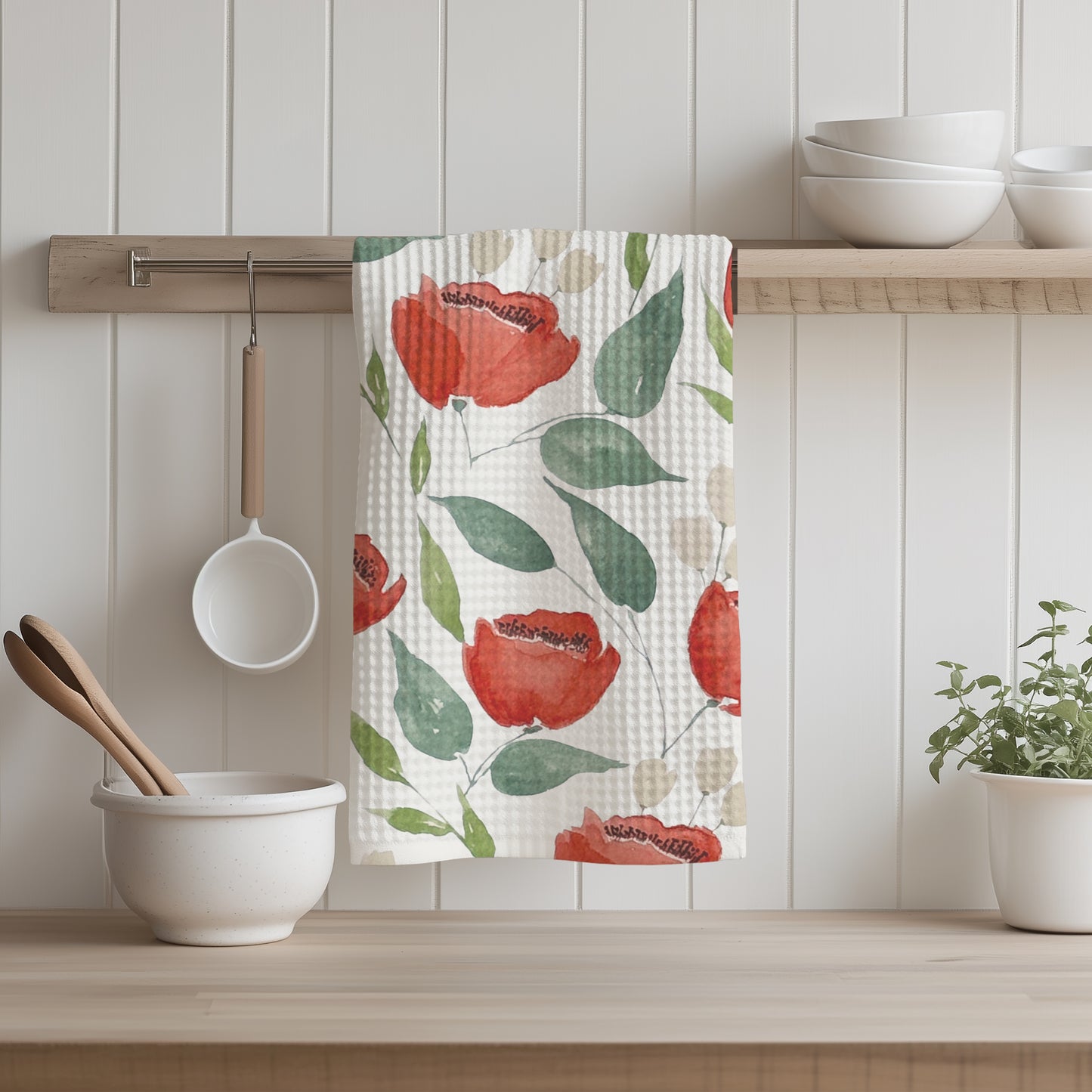 Crimson Blooms | Watercolor Poppy Tea Towel — Red Floral Kitchen Linen