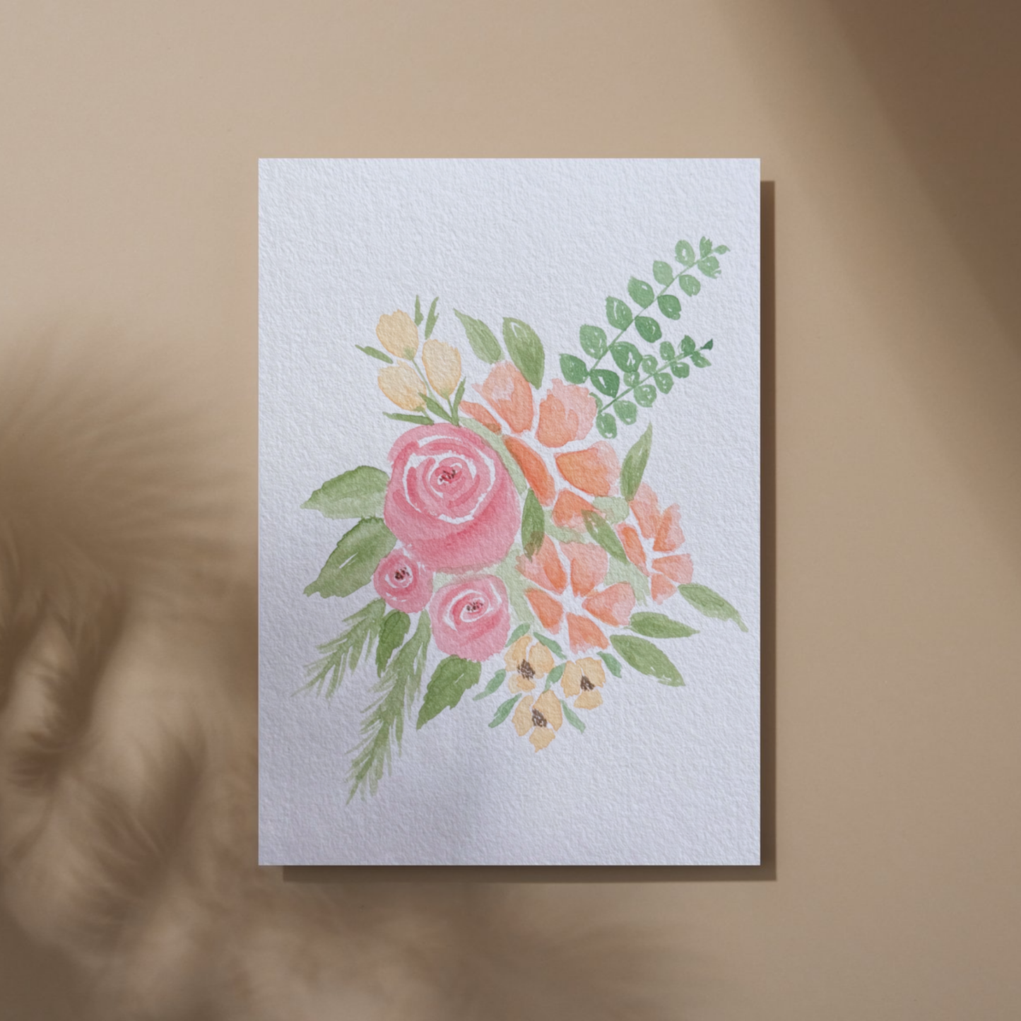 Rose Watercolor Floral Painting on tan background.