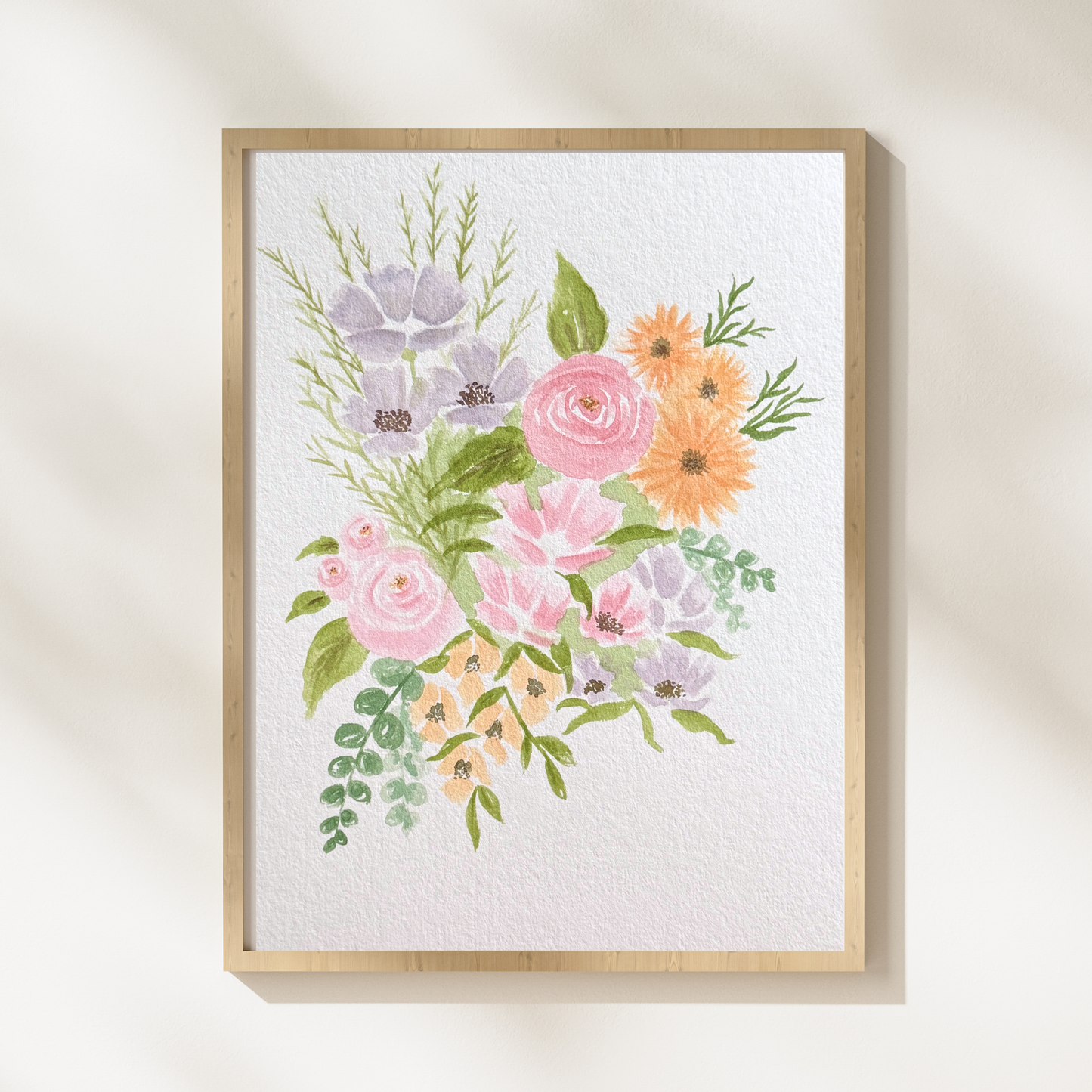 Lavender & Blush Watercolor Floral Painting hanging on wall.