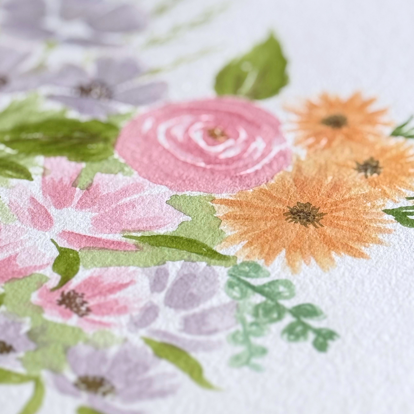 Close up of Lavender & Blush Watercolor Floral Painting.