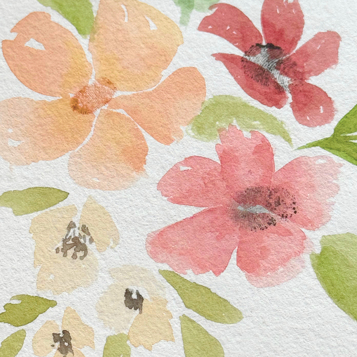 Close-up of custom watercolor floral painting with fingerprints.