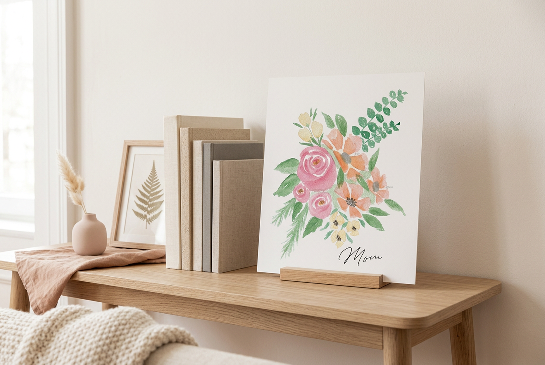 Beautiful watercolor flowers in cream, pink, blush, with greenery ready to be customized with a fingerprint on a table. 
