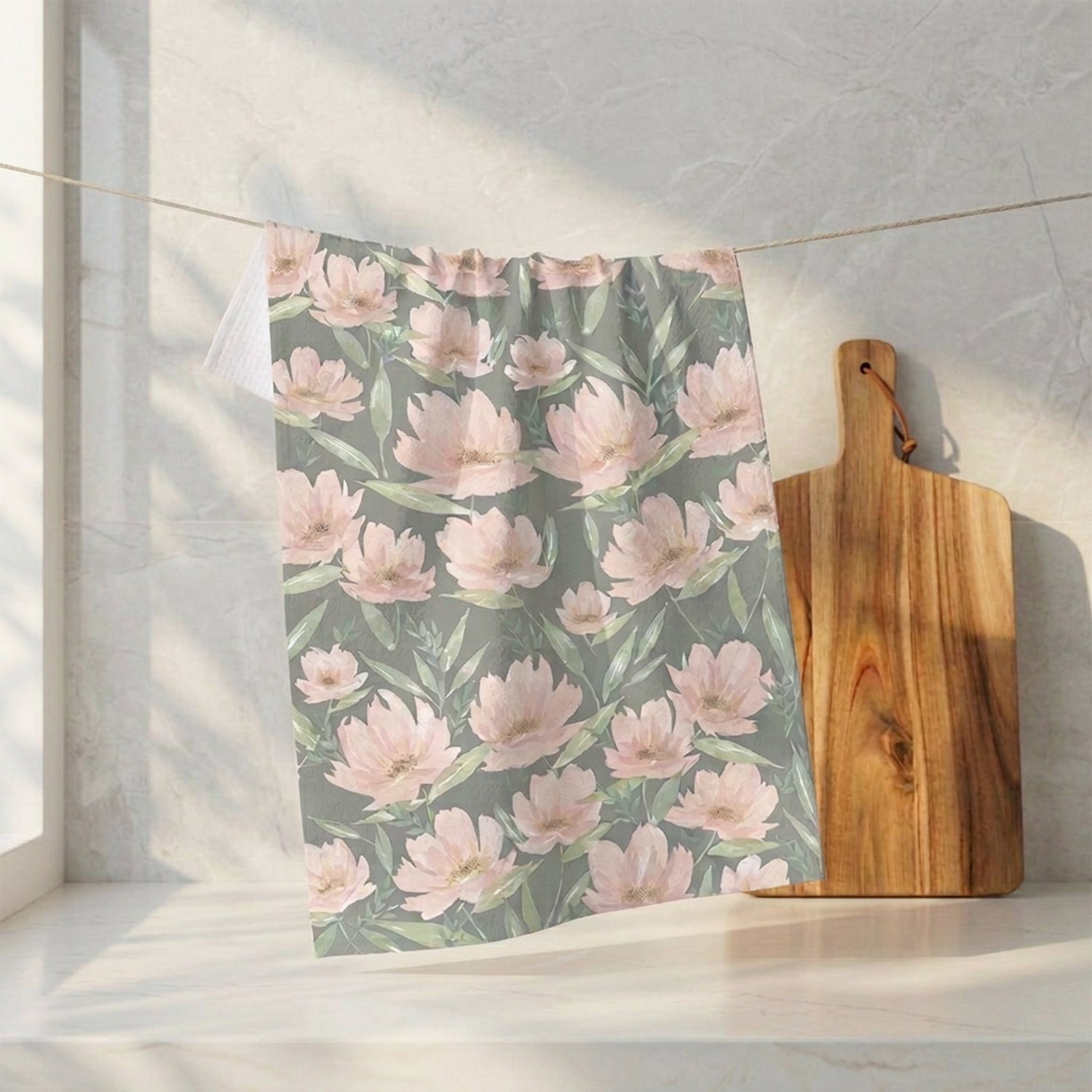 Sage Garden watercolor floral tea towel by 723 & Co. Design Studio — blush pink florals on sage green, microfiber kitchen linen printed from an original watercolor painting
