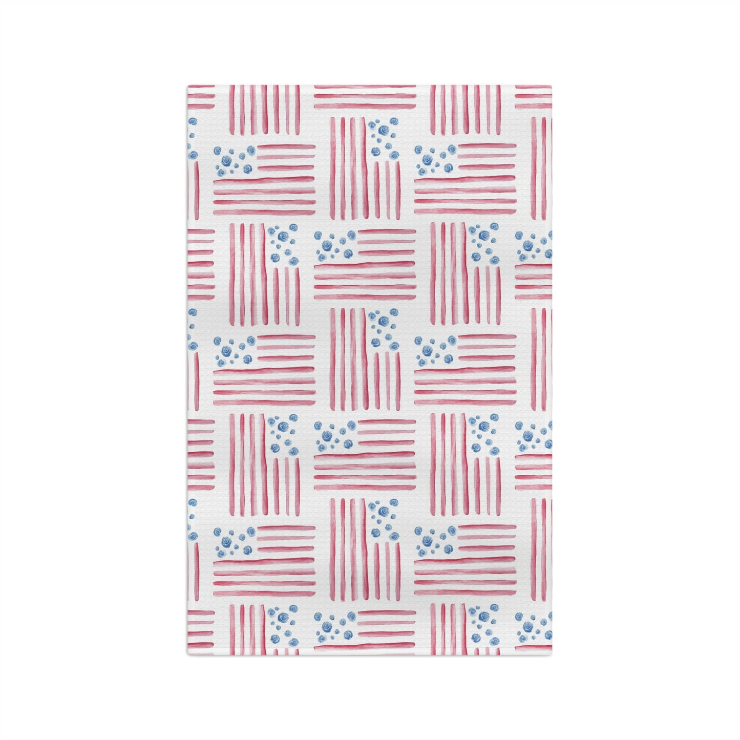 Red, White and Bloom watercolor flag tea towel full design — soft red stripes and blue florals on white by 723 & Co. Design Studio