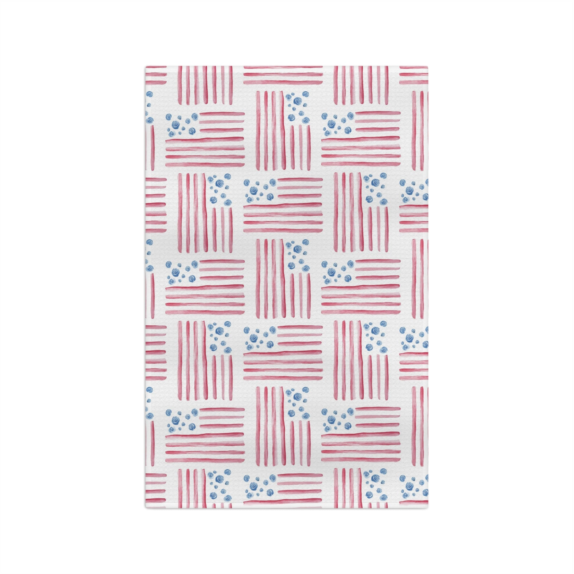 Red, White and Bloom watercolor flag tea towel full design — soft red stripes and blue florals on white by 723 & Co. Design Studio