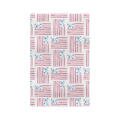 Red, White and Bloom watercolor flag tea towel full design — soft red stripes and blue florals on white by 723 & Co. Design Studio