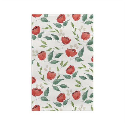 Crimson Blooms | Watercolor Poppy Tea Towel — Red Floral Kitchen Linen