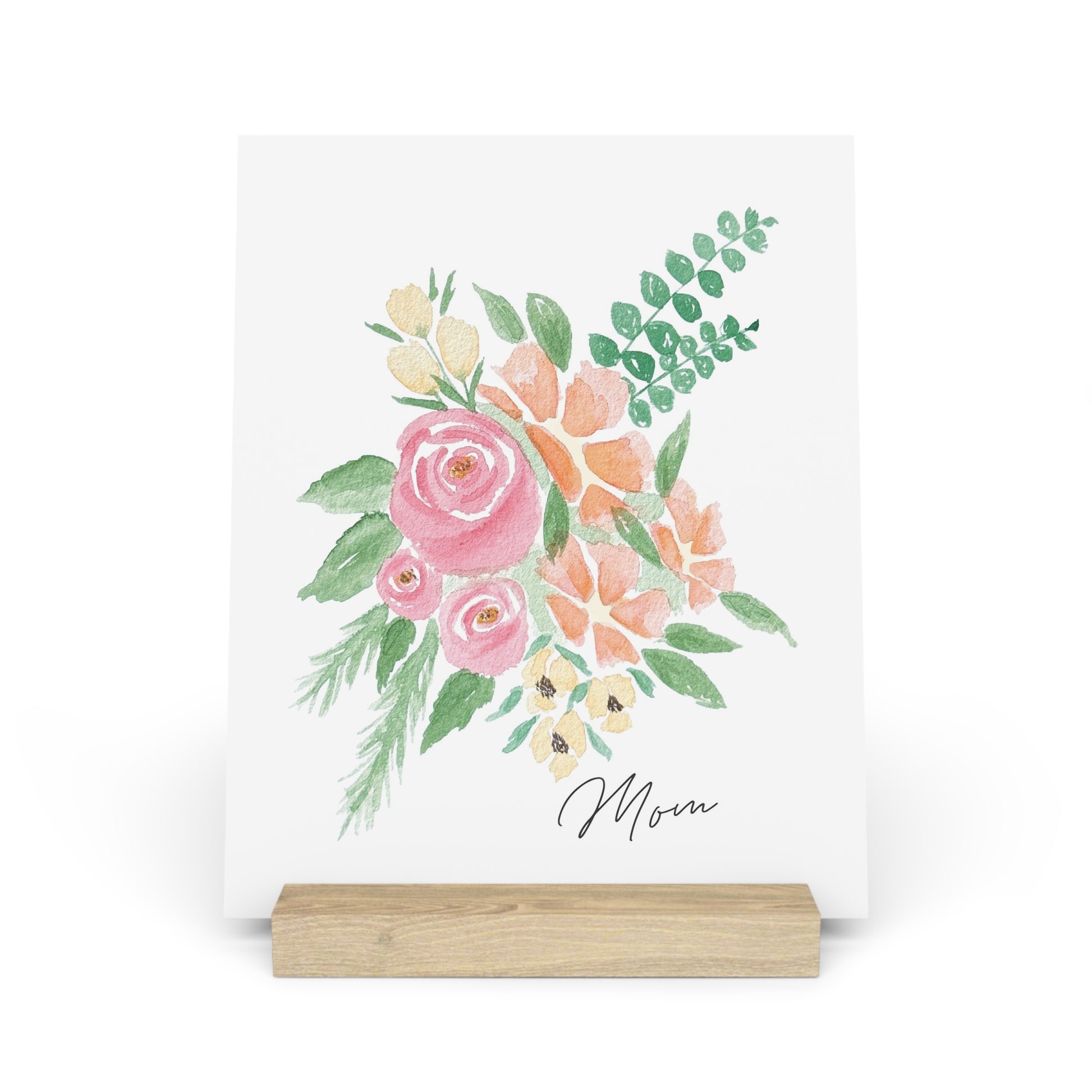 Barely Blush personalized watercolor fingerprint art print on oak gallery stand front