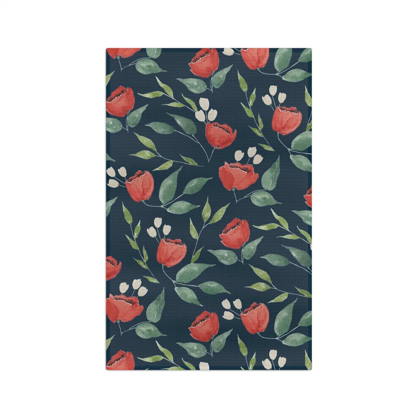 Midnight Blooms watercolor floral tea towel full design — deep salmon blooms on midnight navy background by 723 & Co. Design Studio