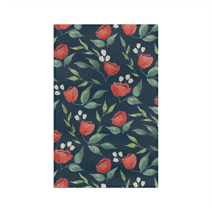 Midnight Blooms watercolor floral tea towel full design — deep salmon blooms on midnight navy background by 723 & Co. Design Studio