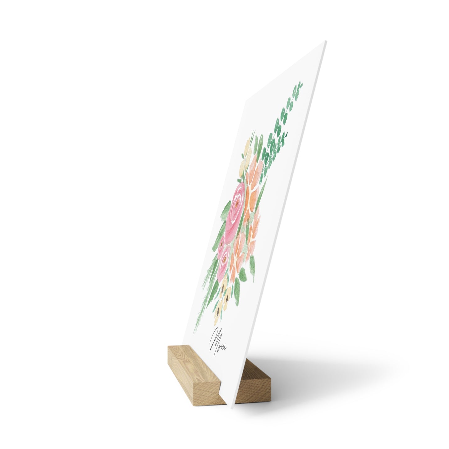 Barely Blush personalized watercolor fingerprint art print on oak gallery stand side
