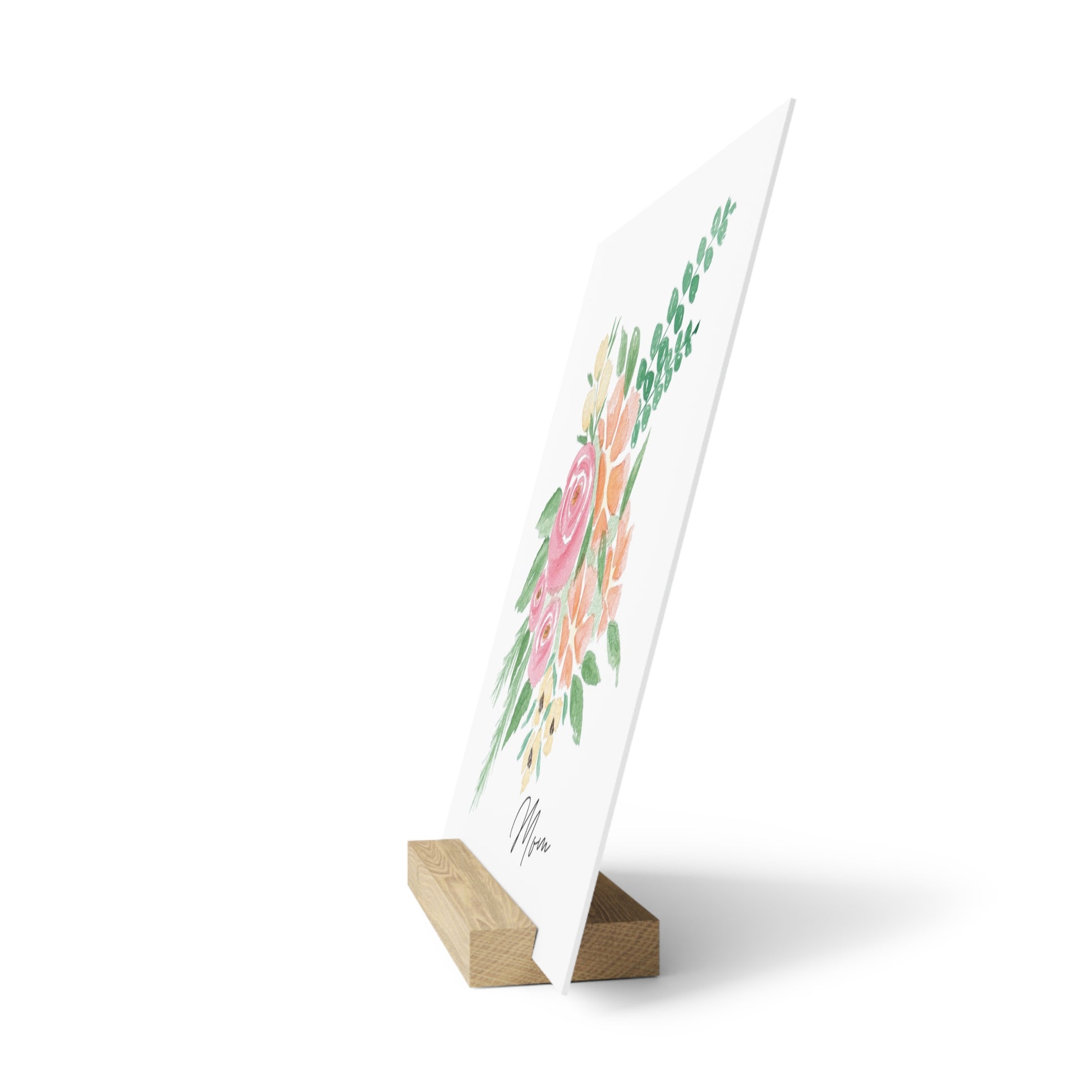 Barely Blush personalized watercolor fingerprint art print on oak gallery stand side
