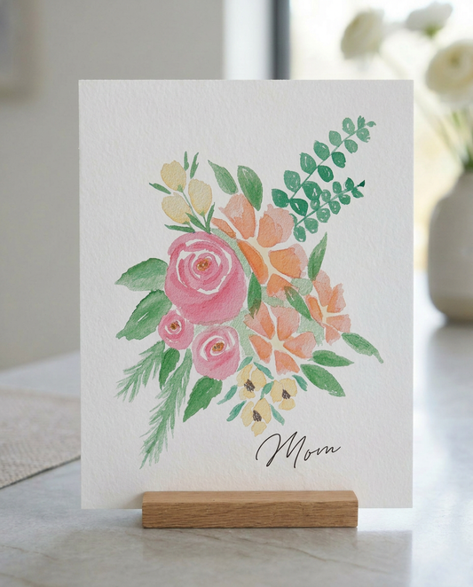 Barely Blush personalized watercolor fingerprint art print on handcrafted oak gallery stand — blush roses and peach florals with custom name by 723 & Co. Design Studio