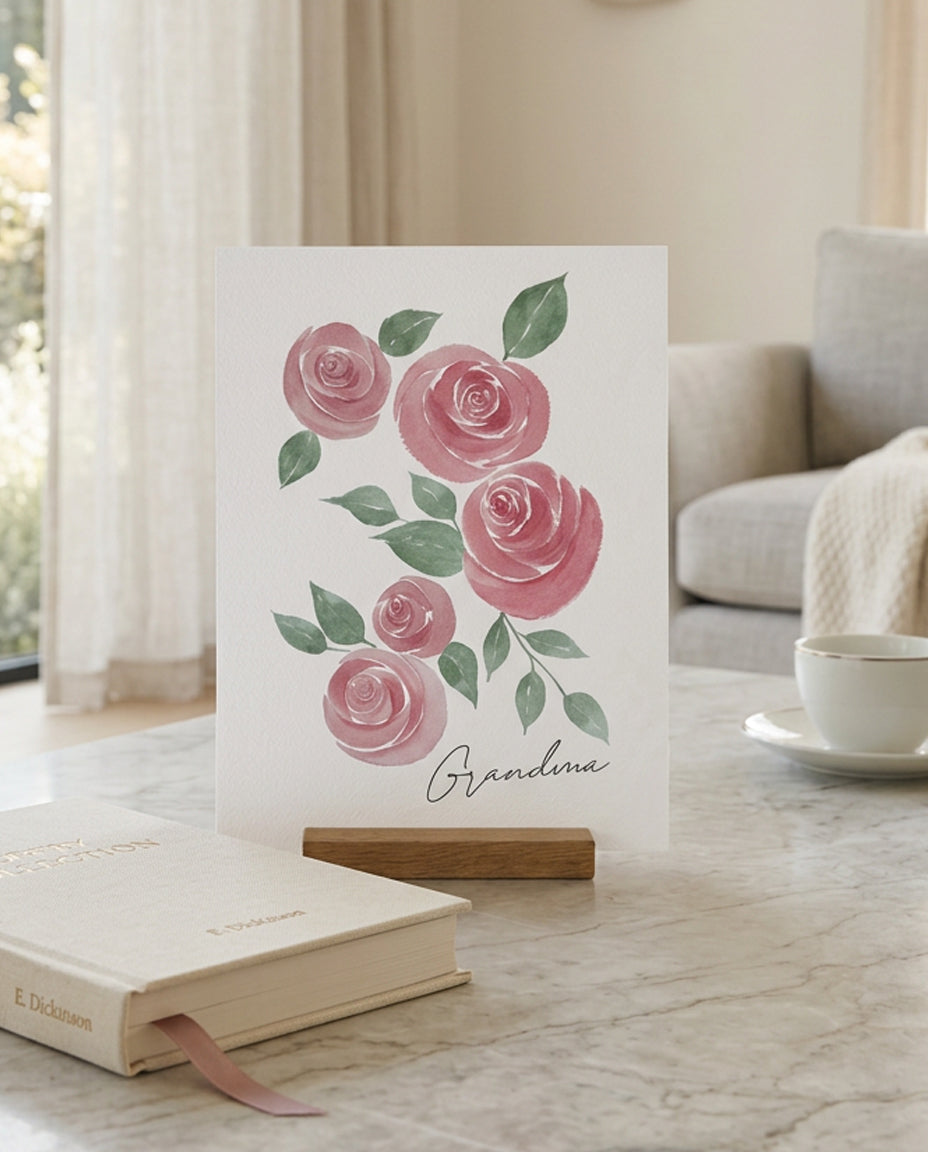 Card with pink roses and 'Grandma' on a table in a cozy living room.