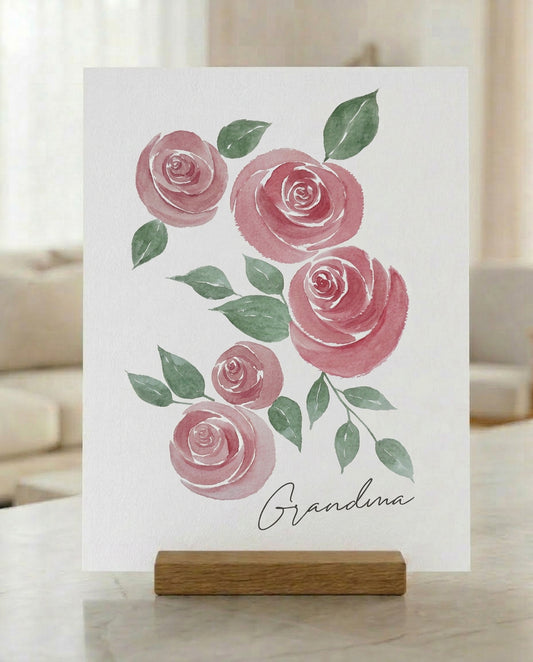 Velvet Rose personalized watercolor fingerprint art print on handcrafted oak gallery stand — dusty pink roses with custom name by 723 & Co. Design Studio