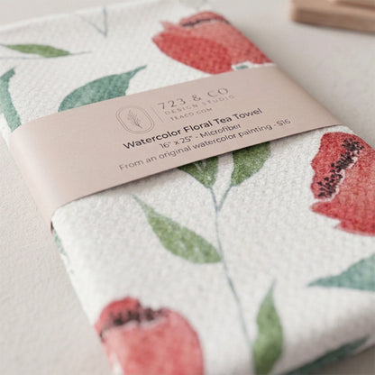 Crimson Blooms | Watercolor Poppy Tea Towel — Red Floral Kitchen Linen