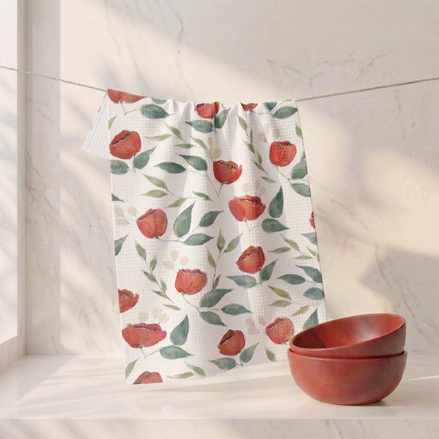 Crimson Blooms | Watercolor Poppy Tea Towel — Red Floral Kitchen Linen
