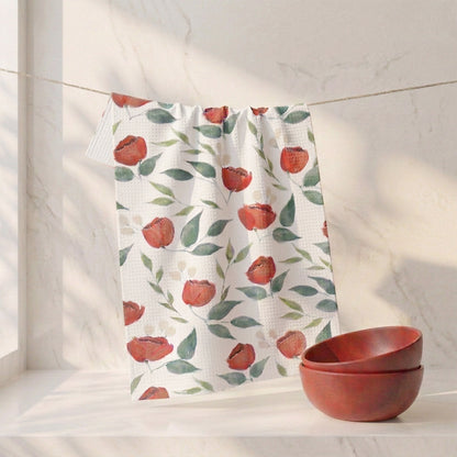 Crimson Blooms | Watercolor Poppy Tea Towel — Red Floral Kitchen Linen