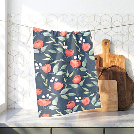 Midnight Blooms watercolor floral tea towel hanging in kitchen setting — deep navy floral kitchen linen by 723 & Co. Design Studio