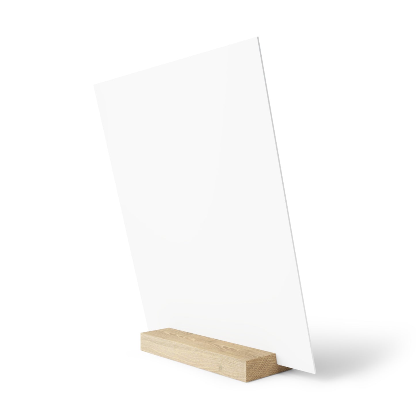 White display stand with a wooden base on a white background