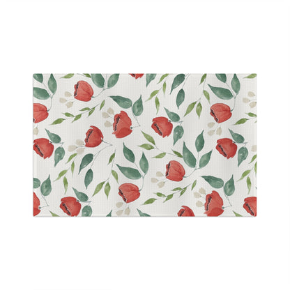 Crimson Blooms | Watercolor Poppy Tea Towel — Red Floral Kitchen Linen