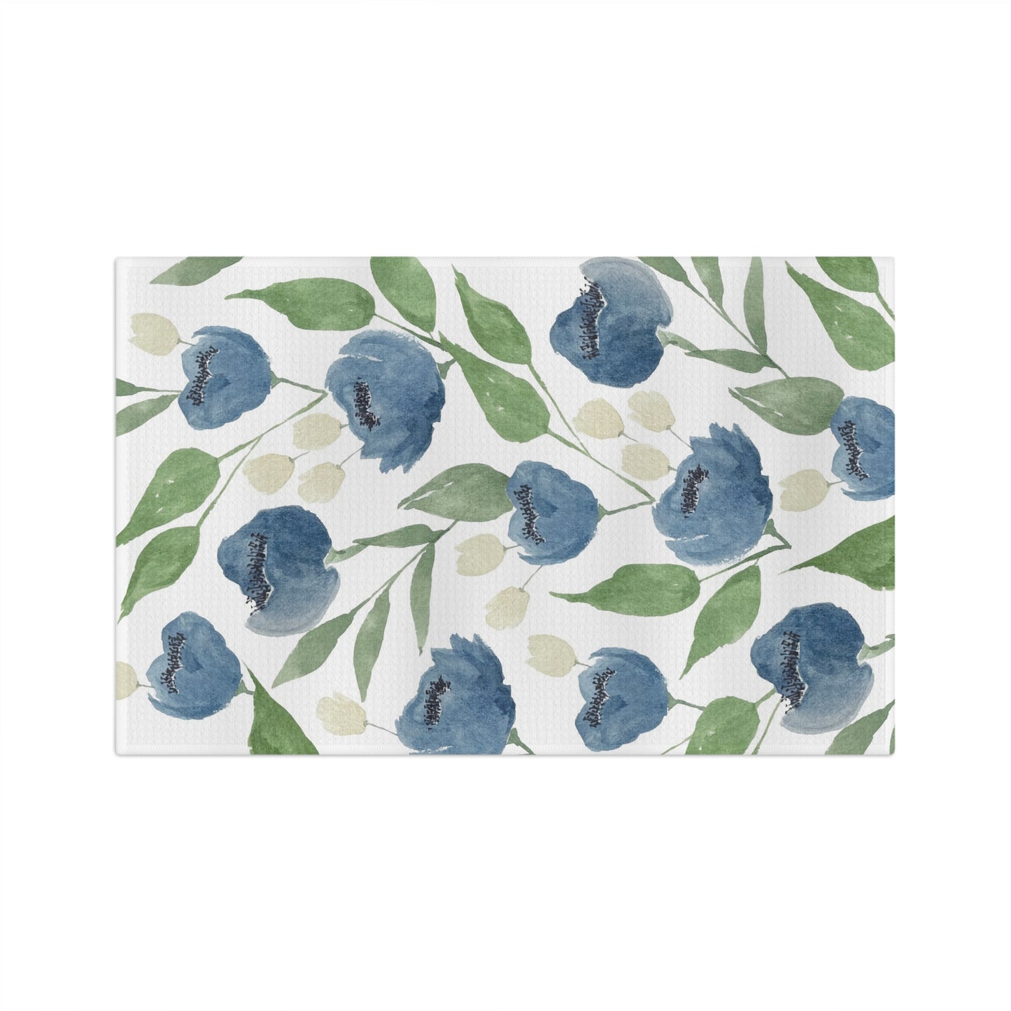Indigo Garden watercolor floral tea towel full repeat pattern — blue botanical kitchen linen by 723 & Co. Design Studio
