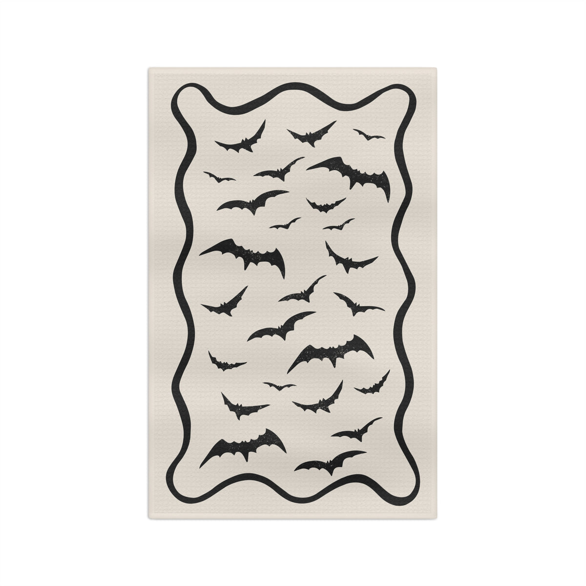 Bat Bash Halloween tea towel full design, flock of black bats on cream background by 723 & Co. Design Studio