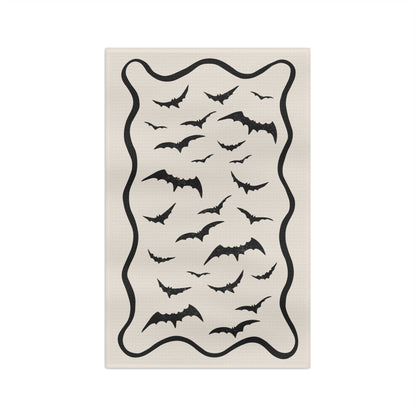 Bat Bash Halloween tea towel full design, flock of black bats on cream background by 723 & Co. Design Studio