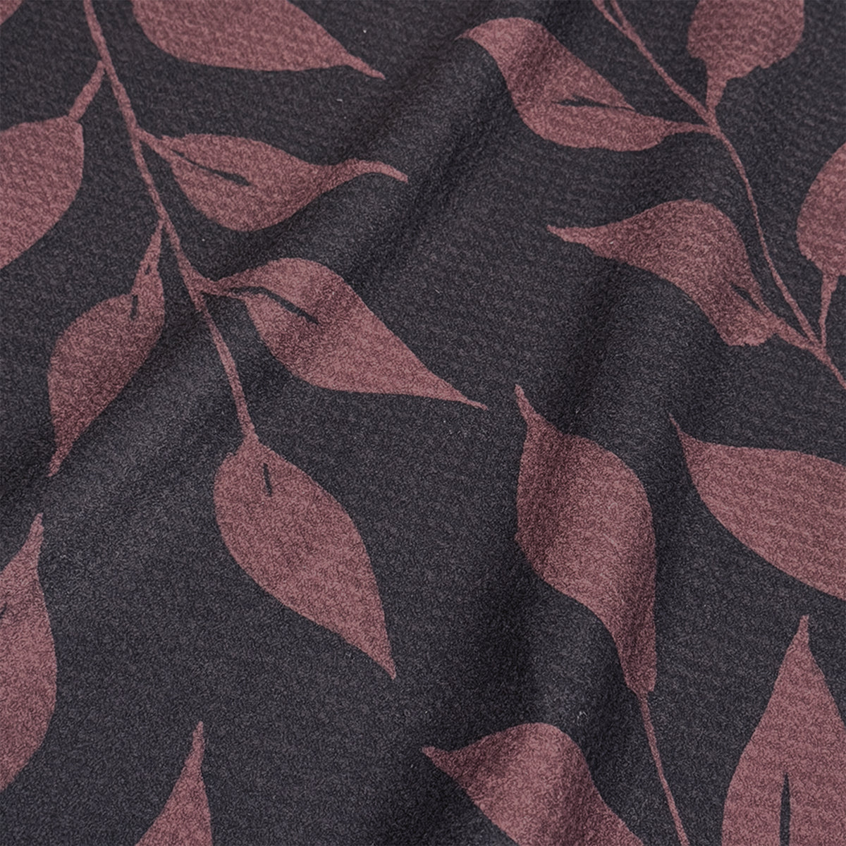Close up detail of Fig Wild Leaves watercolor tea towel showing velvet plum botanical leaves on blackcurrant background — 723 & Co. Design Studio