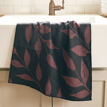 Fig Wild Leaves watercolor tea towel draped over farmhouse sink with brass faucet — fall kitchen linen by 723 & Co. Design Studio