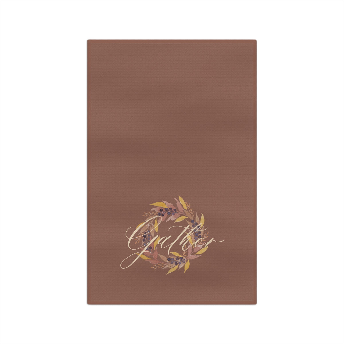 Gather watercolor autumn wreath tea towel full design — gold botanical wreath and cream script on warm mocha background by 723 & Co. Design Studio