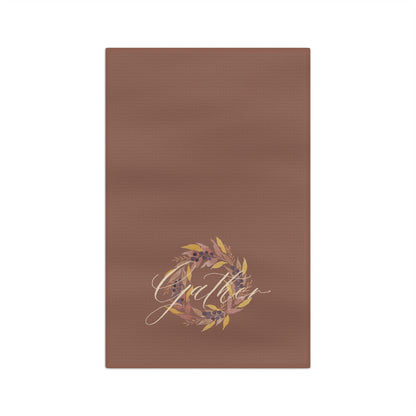 Gather watercolor autumn wreath tea towel full design — gold botanical wreath and cream script on warm mocha background by 723 & Co. Design Studio