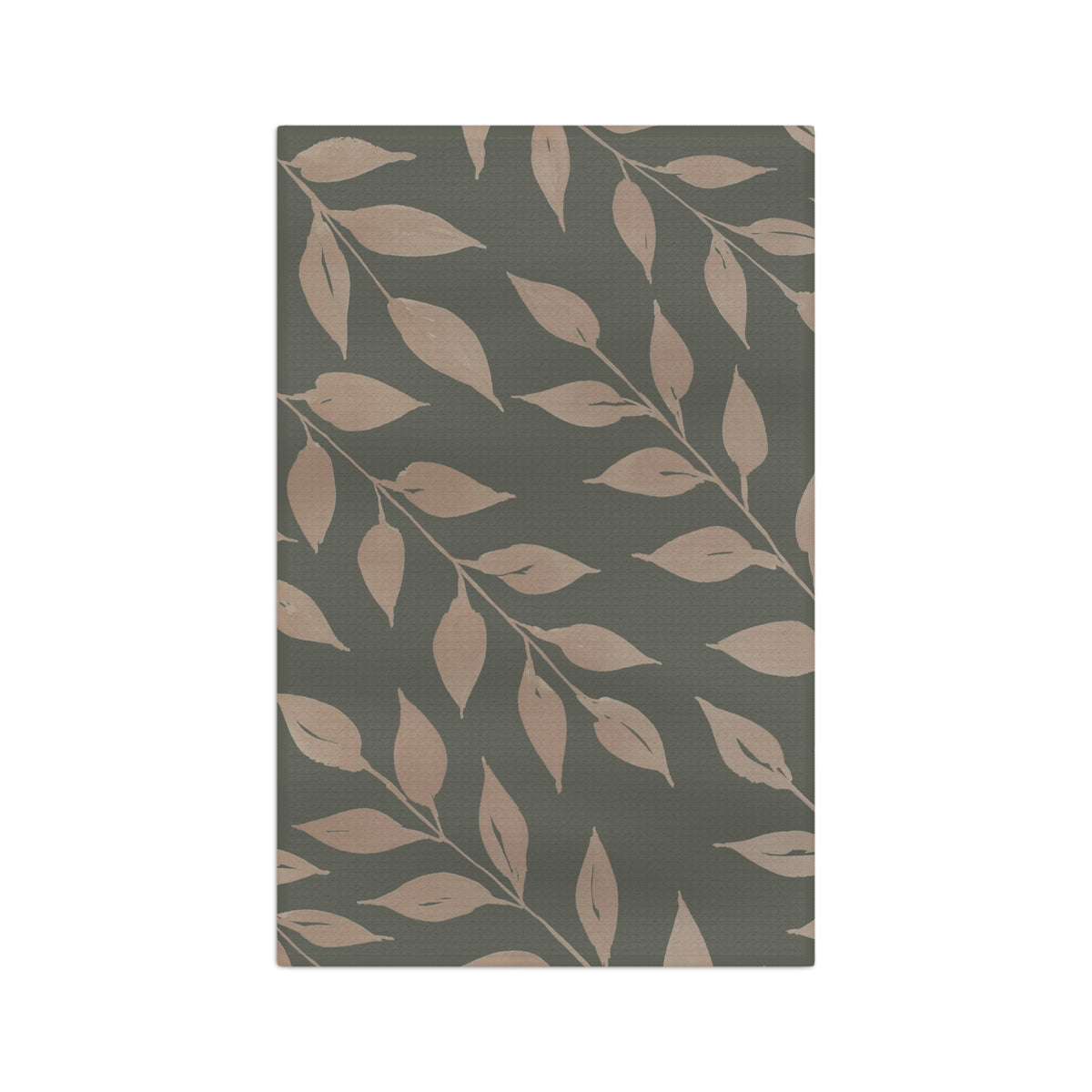 Sage Wild Leaves watercolor botanical tea towel full design, warm taupe leaf silhouettes on deep slate green by 723 & Co. Design Studio
