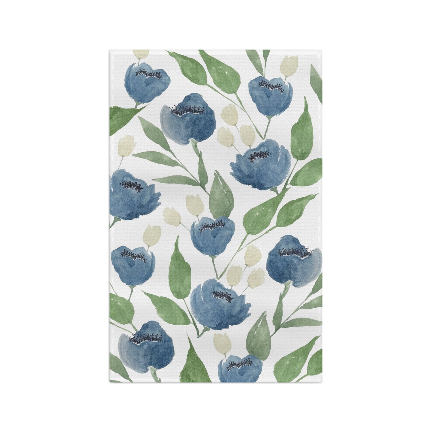 Indigo Garden watercolor floral tea towel full design — steel blue blooms and sage green botanicals on white by 723 & Co. Design Studio