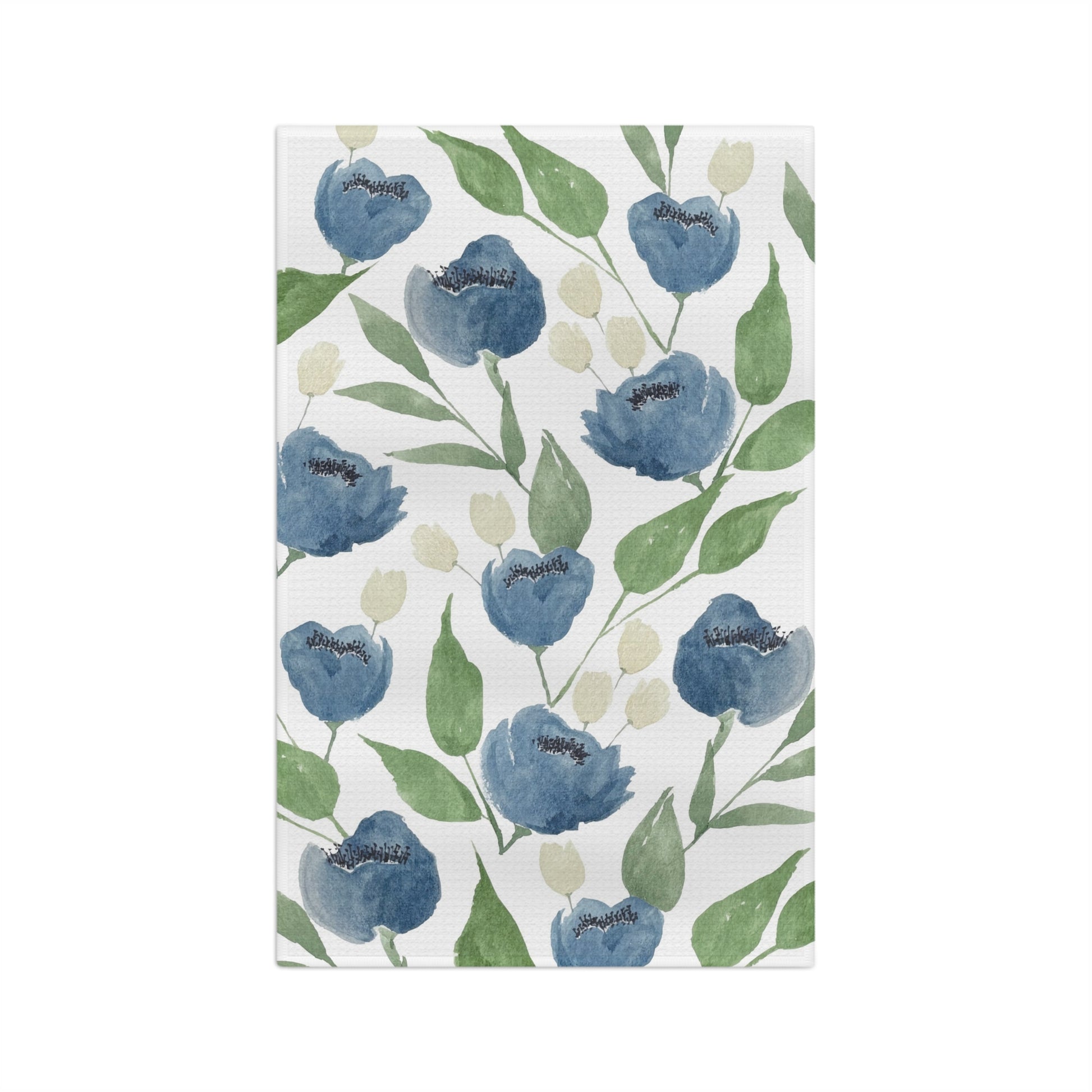Indigo Garden watercolor floral tea towel full design — steel blue blooms and sage green botanicals on white by 723 & Co. Design Studio