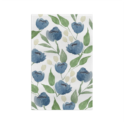 Indigo Garden watercolor floral tea towel full design — steel blue blooms and sage green botanicals on white by 723 & Co. Design Studio