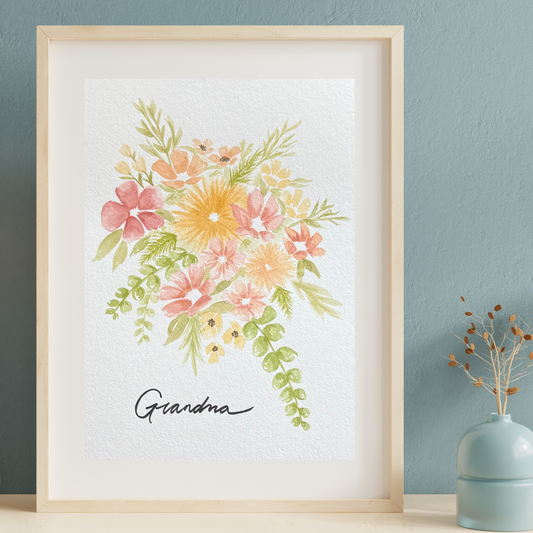 Custom watercolor floral painting with Grandma name in frame. 