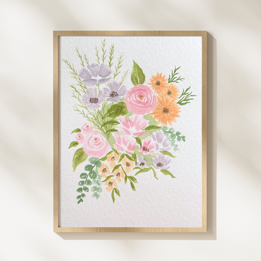 Lavender & Blush Watercolor Floral Painting hanging on wall.