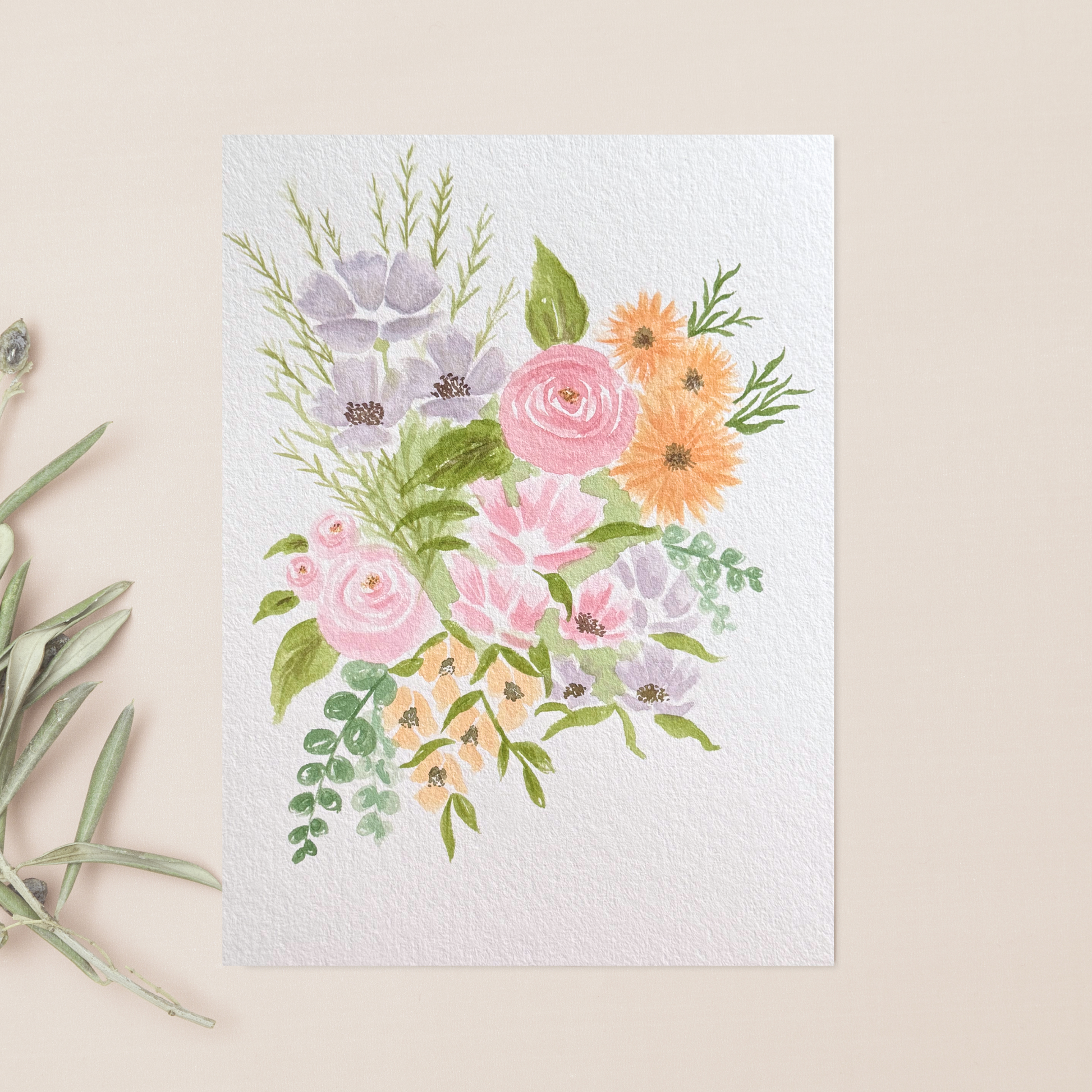 Lavender & Blush Watercolor Floral Painting hanging with real flowers.