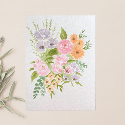 Lavender & Blush Watercolor Floral Painting hanging with real flowers.