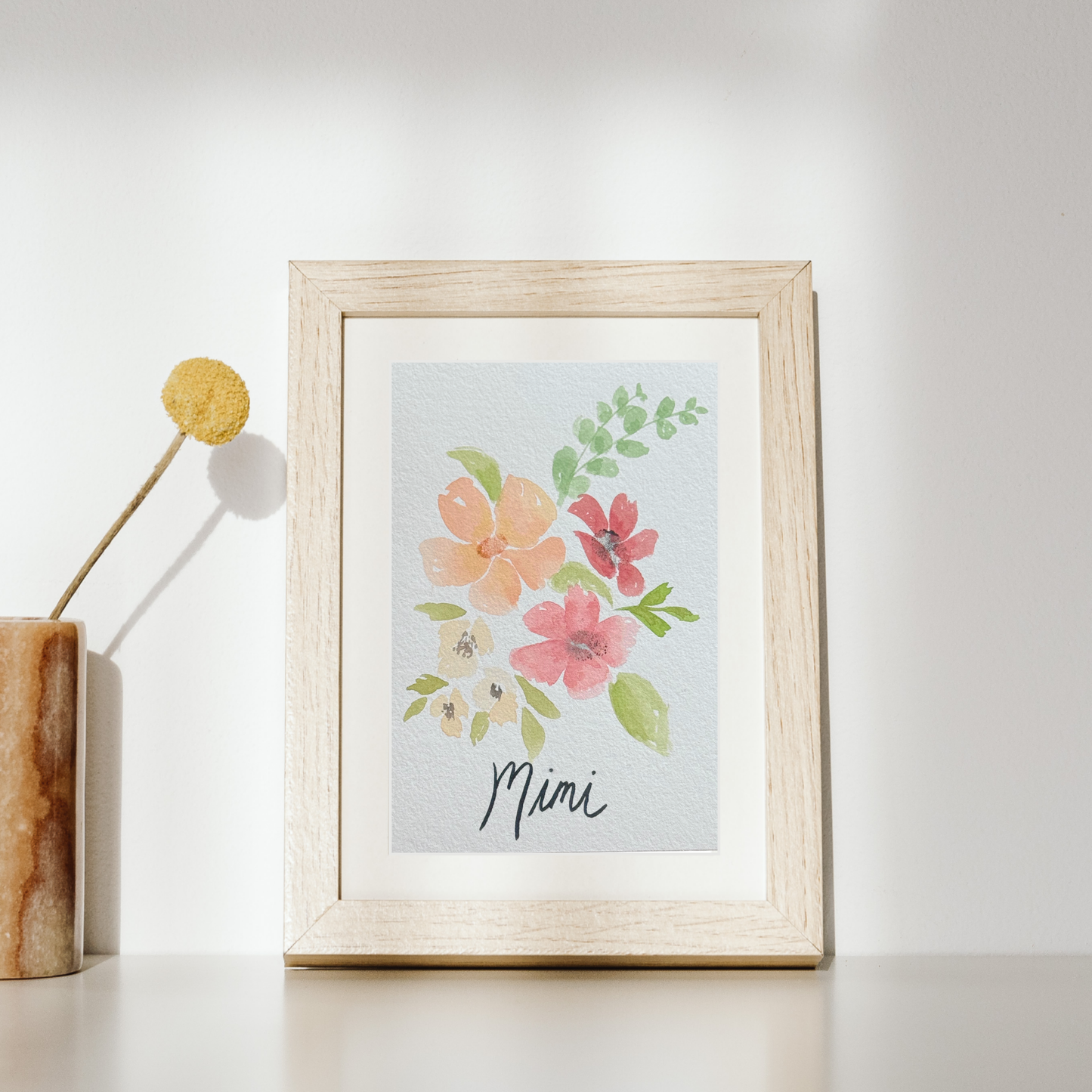 Custom watercolor floral painting with Mom name in frame. 