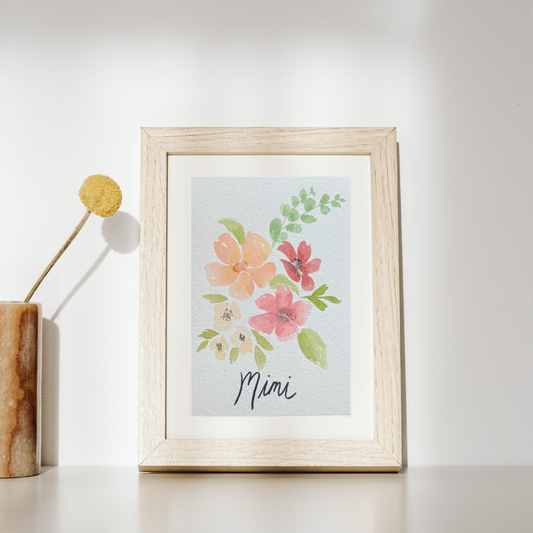 Custom watercolor floral painting with Mom name in frame. 