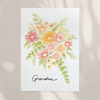 Custom watercolor floral painting with Grandma name on tan background. 