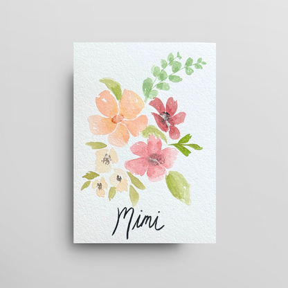 Custom watercolor floral painting with Mom name on light grey background. 